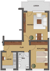 Grundrisszeichnung einer weiteren Zweipersonenwohnung