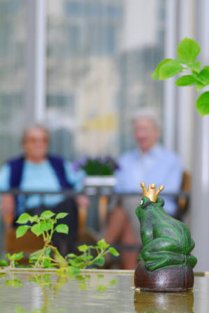 Bild von Bewohnern mit einer Figur vom Froschkönig.
